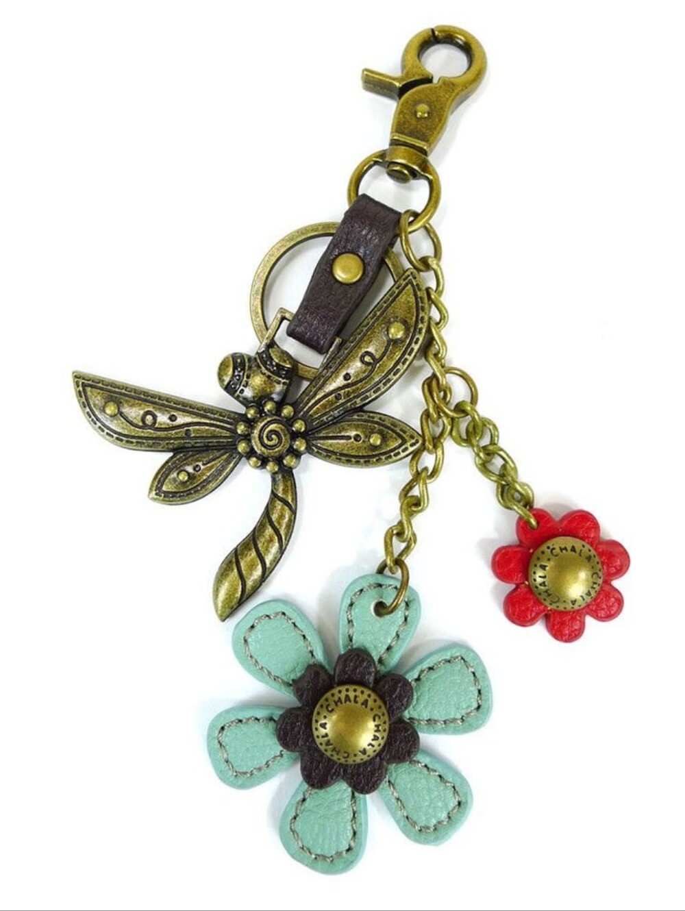 NWT Chala Bronze Toned Dragonfly And Faux Leather Flowers Keychain